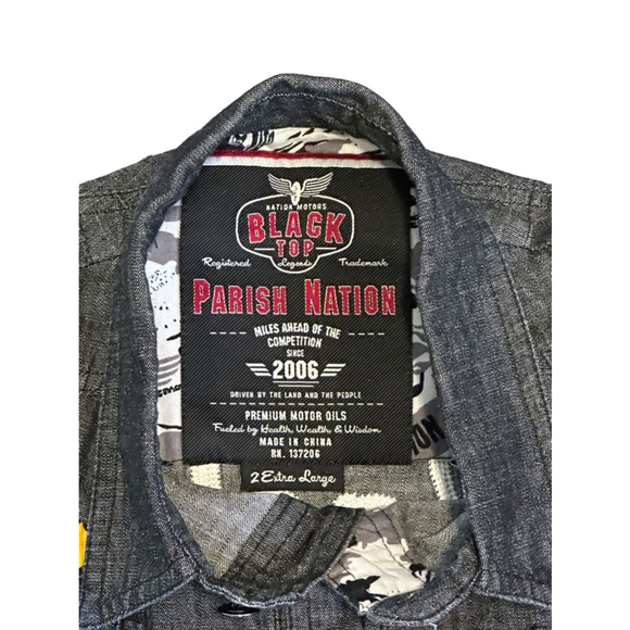 Blacktop Legends Parish Nation Men’s Black Denim Button Up Shirt Patches…​​ - Picture 4 of 13